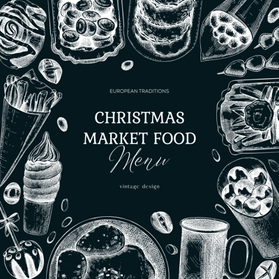 Christmas market food menu design. Hand-drawn vector illustration. Mulled wine, raclette, French fries, pastries, grilled sausages, pancakes sketches. European Christmas fair frame on chalkboard